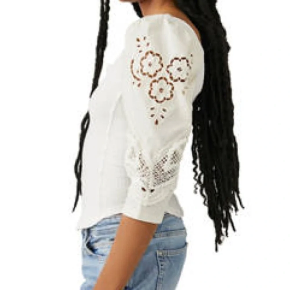 NEW Free People Brunch Date Knit V-Neck 3/4 Puffed Sleeve Top XL